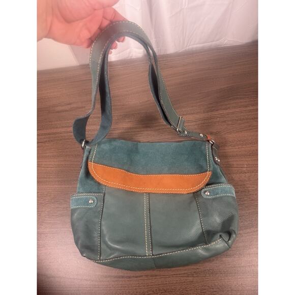 Fossil Green Leather & Orange suede crossbody bag. VTG boho fossil flap bag - Picture 9 of 14